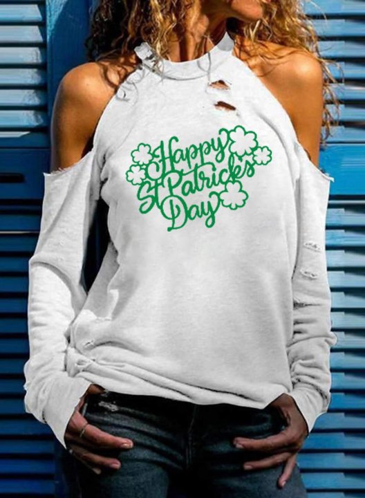 Women's Sweatshirt Solid Shamrock Letter Print Long Sleeve Stand Neck Cut-out T-shirt