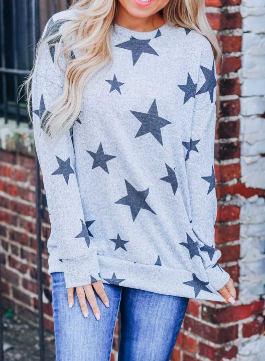 Geometric Long Sleeve Round Neck Star Sweatshirt