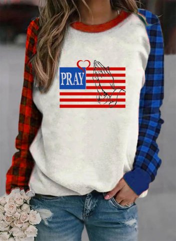 Women's American Flag Sweatshirt Plaid Color Block Letter Round Neck Long Sleeve Casual Daily Pullovers