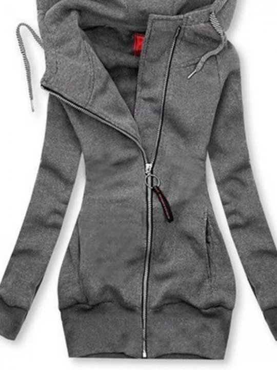 Gray Zipper Solid Hoodie Long Sleeve Outerwear