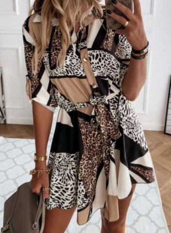 Women's Mini Dresses Leopard Belted Button-up Shirt Dress