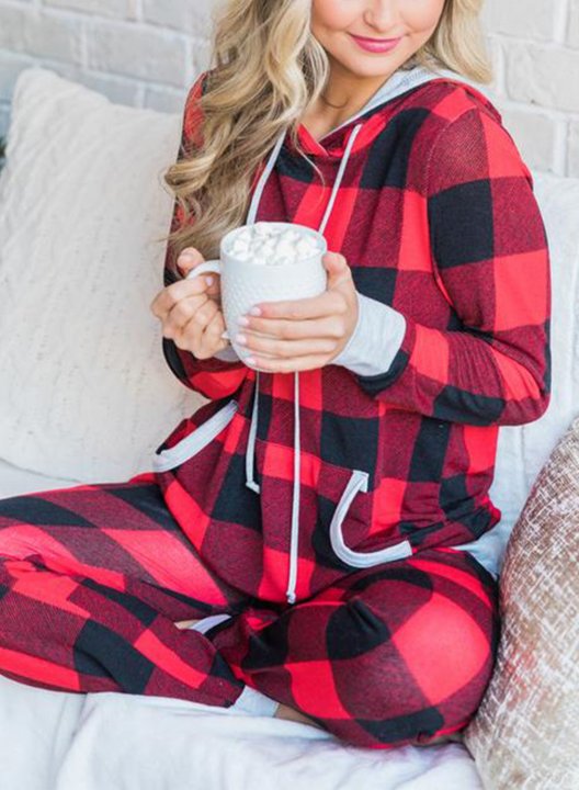 Red Plaid Pocket Long Sleeve Hoodie