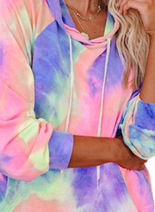 Women's Hooded Sweatshirts Multicolor Tie Dye Long Sleeve Hooded Sporty Drawstring Hoodie