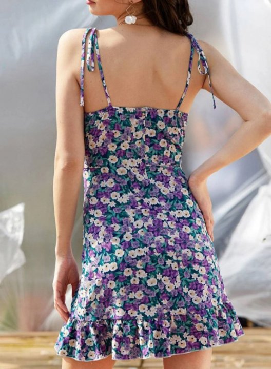 Women's Mini Dresses Floral Open-back Knot Drawstring Spaghetti Dress