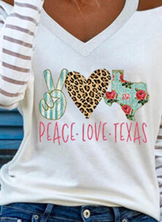 Women's Peace Love Texas Sweatshirt Solid Heart Leopard Long Sleeve V Neck Cut-out T-shirt