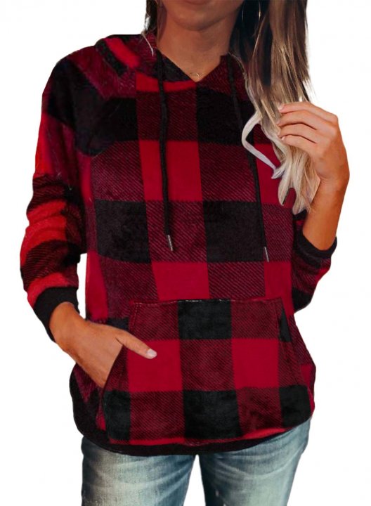 Red Plaid/Leopard Camouflage Long Sleeve Hoodie