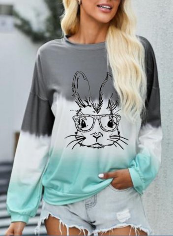 Women's Easter Bunny Print Sweatshirts Color Block Rabbit Print Long Sleeve Round Neck Sweatshirt