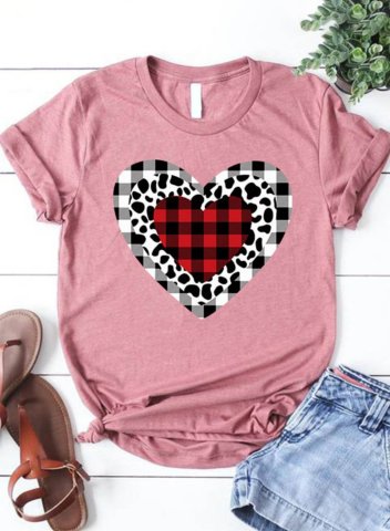 Women's T-Shirt Casual Plaid Leopard Heart-shaped Solid Round Neck Short Sleeve Daily T-shirts
