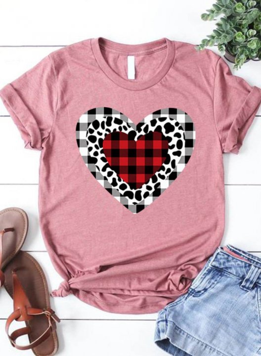 Women's T-Shirt Casual Plaid Leopard Heart-shaped Solid Round Neck Short Sleeve Daily T-shirts