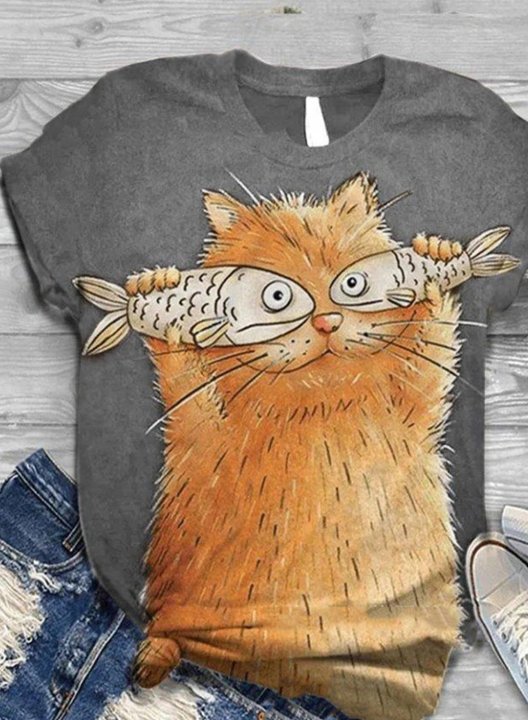 Women's T-shirts Cute Cat with Fish Short Sleeve T-shirt