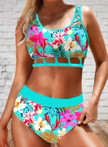 Women's Tankinis Floral Cut Out High Waist Padded Round Neck Daily Vacation Tankinis