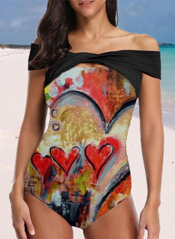 Women's One Piece Swimwear Heart-shaped Print Off Shoulder One-Piece Swimsuit