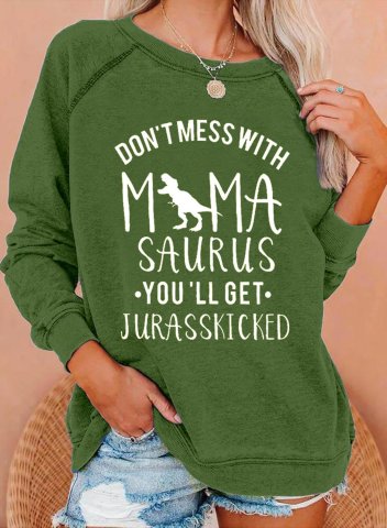 Women's Mamasaurus Sweatshirts Round Neck Long Sleeve Solid Green Sweatshirts