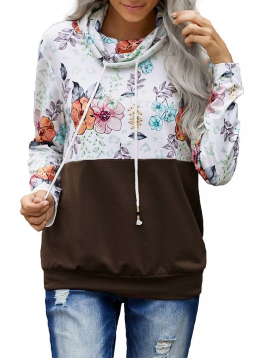 Color Block Long Sleeve High Neck Floral Sweatshirt