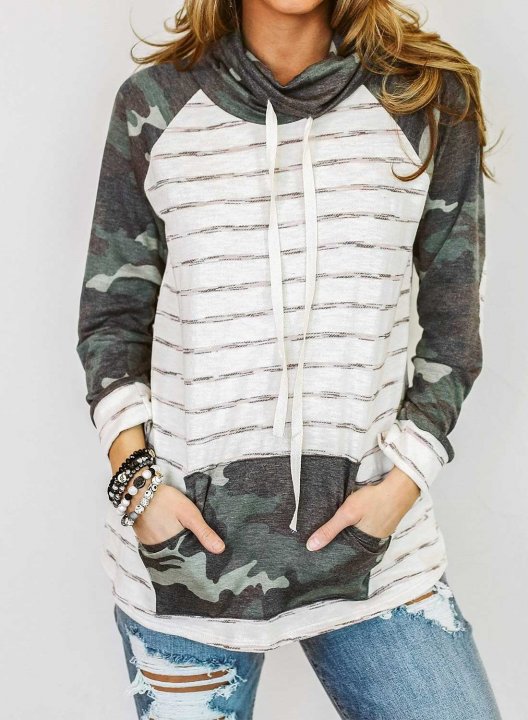 Camouflage&Striped Long Sleeve High Neck Tunic Sweatshirt