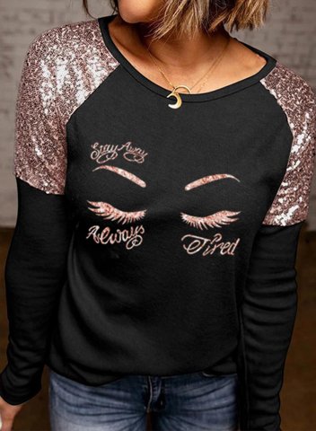 Women's Beauty Portrait Sweatshirt Color-block Portrait Sequin Long Sleeve Round Neck Casual T-shirt