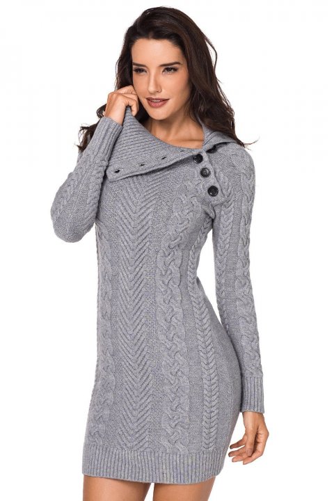 Women's Sweater Dresses Asymmetric Buttoned Collar Bodycon Mini Sweater Dresses