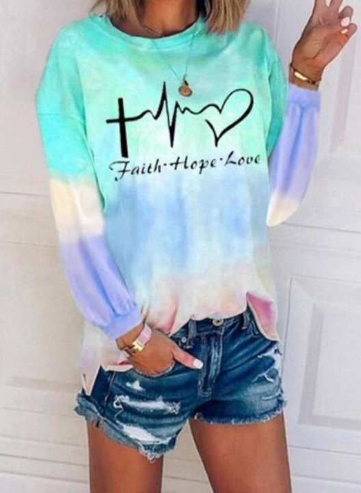 Women's Sweatshirts Heart-shaped Multicolor Letter Print Long Sleeve Round Neck Casual Sweatshirt