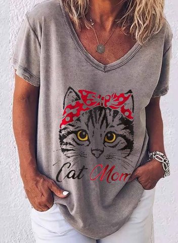 Women's T-shirts Cat Letter Print Short Sleeve V Neck Daily T-shirt
