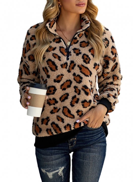 Leopard Long Sleeve High Neck Zip Sweatshirt