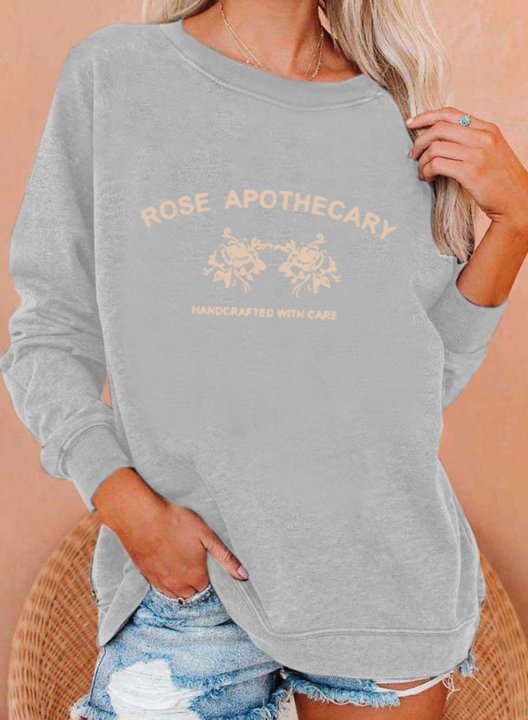 Women's Rose Apothecary Print Sweatshirts Letter&Rose Print Long Sleeve Round Neck Sweatshirt