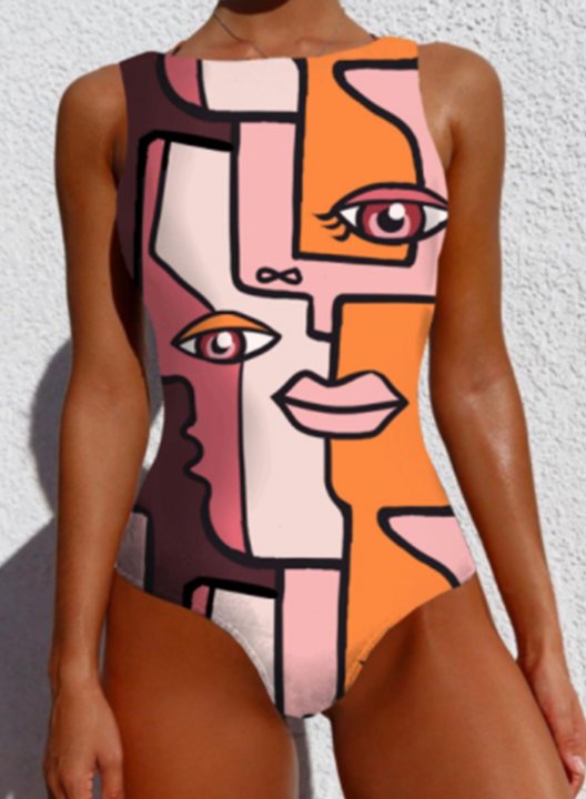 Women's One Piece Swimwear Geometric Round Neck Vintage Sporty One-Piece Swimsuits One-Piece Bathing Suits