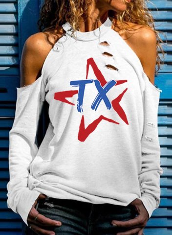 Women's Texas Independence Day Sweatshirt Letter Star Solid Cold Shoulder Texas Festival Tops