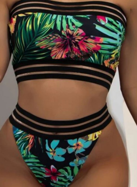 Women's Bikinis Color Block Plants Off Shoulder Unadjustable Wire-free Padded Bikini