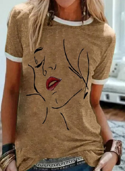 Women's T-shirts Abstract Portrait Print Short Sleeve Round Neck Daily T-shirt