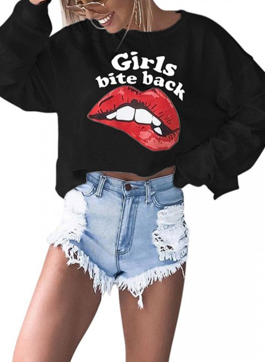 Solid Long Sleeve Crew Neck Letter Lips Print Sweatshirt