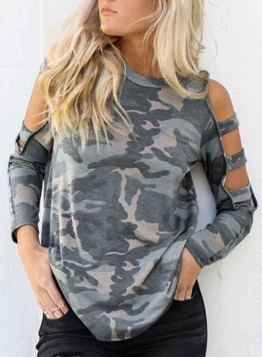 Camo Round Neck Long Sleeve Cut-out Cold Shoulder Sweatshirt