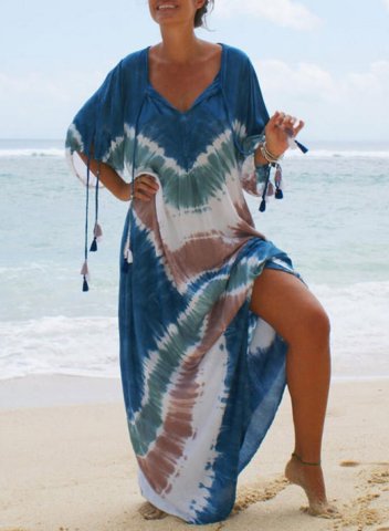 Women's Maxi Dress Color Block Fit & Flare Half Sleeve V Neck Summer Casual Beach Maxi Dress