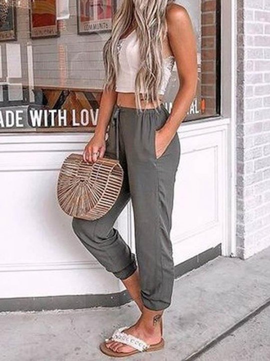 Women's Solid Cotton Loose Cropped Pants