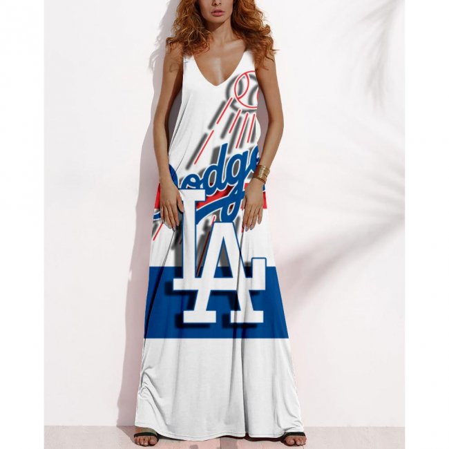 Women's Summer LOS ANGELES DODGERS Fan Print V-Neck Sleeveless Loose Long A-line Dress