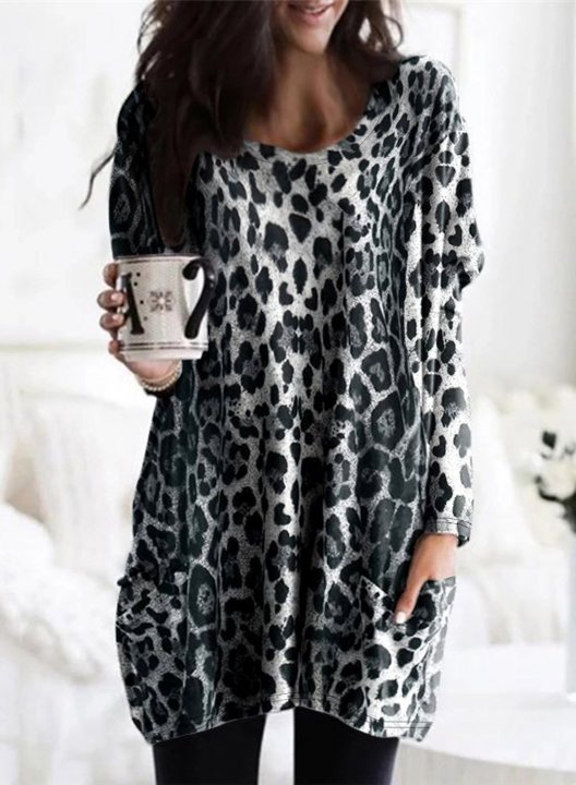 Leopard Round Neck Long Sleeve Tunic Sweatshirt