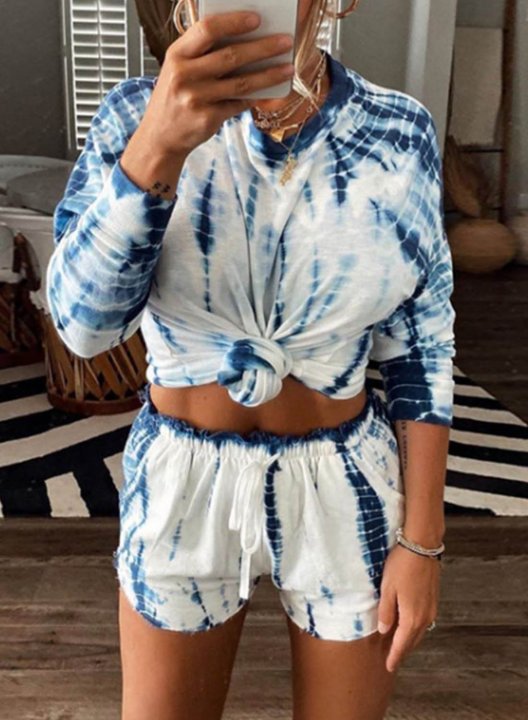 Women's Tie Dye Longwear Shorts Suits Long Sleeve Round Neck Casual Pajama Set