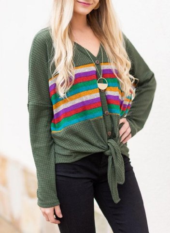 Women's Pullovers Rainbow Striped Long Sleeve V Neck Casual Button Knot Pullover