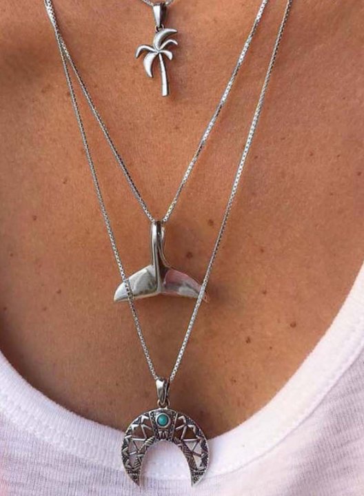 Women's Necklaces Ancient Silver Whale Tail Geometric Moon Turquoise Beach Coconut Tree Three-layer Necklace