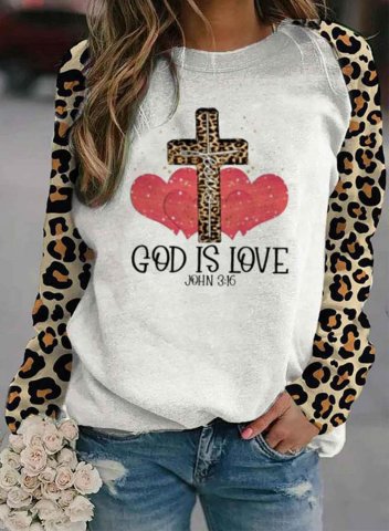 Women's Sweatshirts Leopard Letter Heart-shaped Round Neck Long Sleeve Casual Daily Sweatshirts