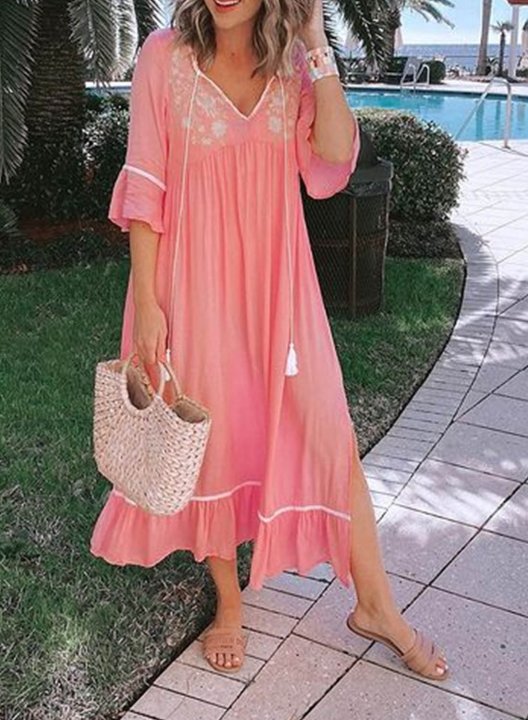 Women's Midi Dresses Solid 3/4 Sleeve V Neck Vacation Beach Boho Ruffle Fringe Embroidery Dress