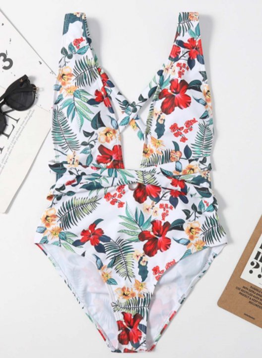 Women's One Piece Swimwear Floral V Neck Knot Vacation One-Piece Swimsuits One-Piece Bathing Suits