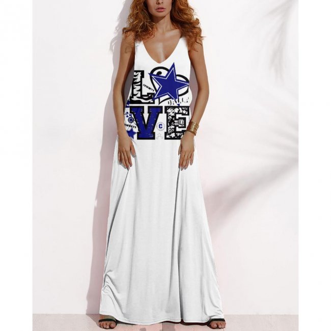 Women's Summer DALLAS COWBOYS Fan Print V-neck Sleeveless Loose Long A-line Dress