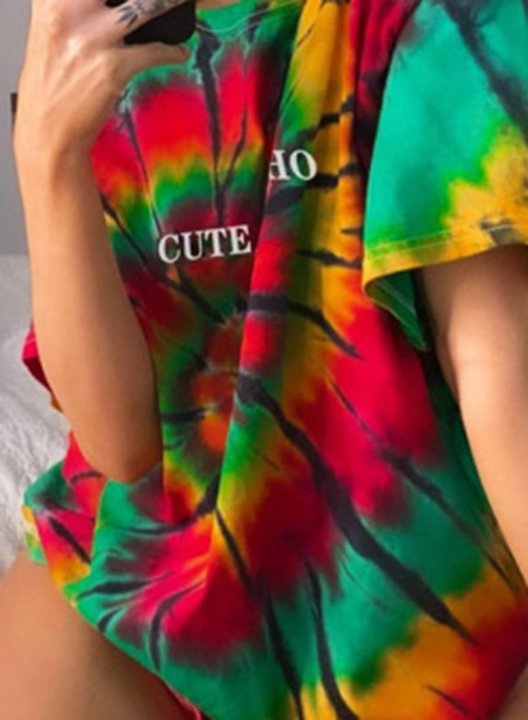 Women's Tie Dye T-shirts Letter Multicolor Print Short Sleeve Round Neck Daily T-shirt