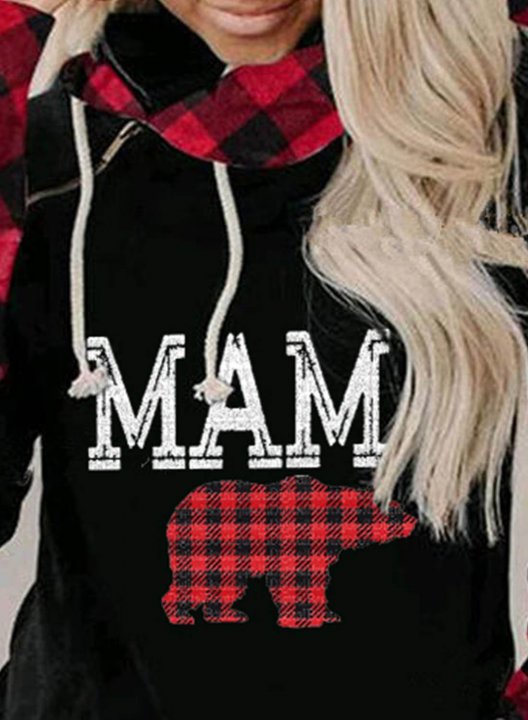 Women's Mama Bear Hoodies Plaid Cowl Neck Drawstring Hoodie