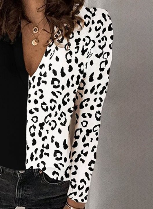 Women's Blouses Leopard Color Block Long Sleeve V Neck Daily Blouse