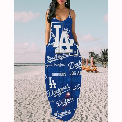 Women's Los Angeles Dodgers Baseball Team Print Sling Pocket Sleeveless Loose Holiday Style Long Dress