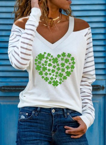 Women's St Patricks Day Sweatshirt Shamrock Heart-Shape Print Long Sleeve V Neck Cold Shoulder Casual Shirt