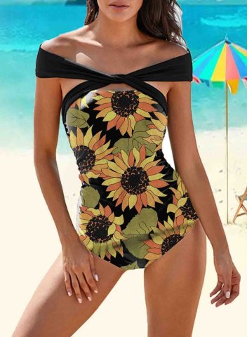 Women's One-Piece Swimsuits One-Piece Bathing Suits Criss Cross Cold Shoulder Sunflower-prints Off Shoulder Vintage One-Piece Swimsuit