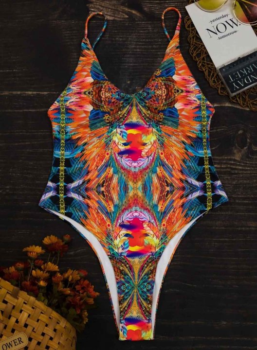 Women's One-Piece Swimsuits One-Piece Bathing Suits Boho Multicolor Spaghetti One-Piece Swimsuit