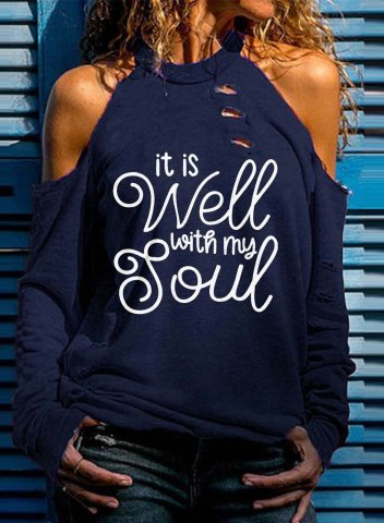 Women's It Is Well With My Soul Letter Shirt Long Sleeve Halter Casual Cold Shoulder Sweatshirt